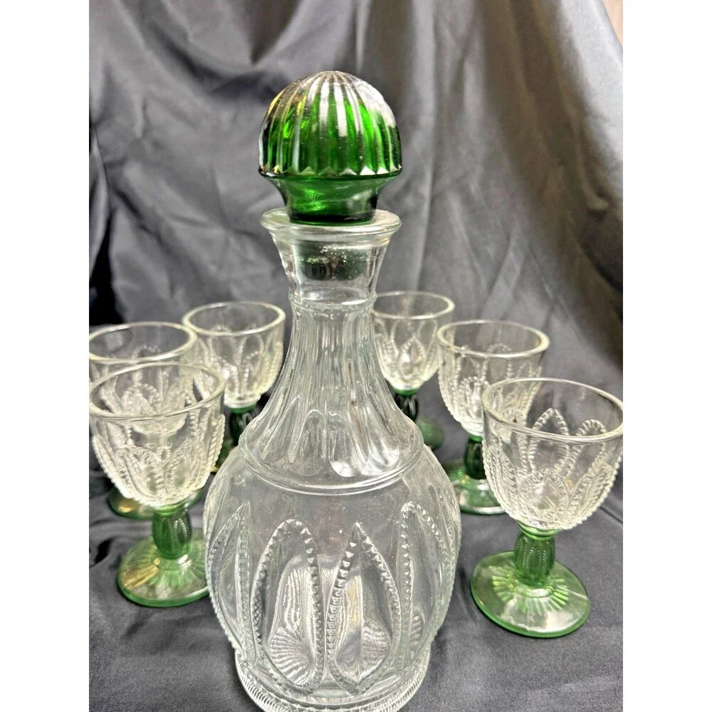 Vintage Clear and Green Glass Decanter Set – Decanter with Stopper + 6 glasses